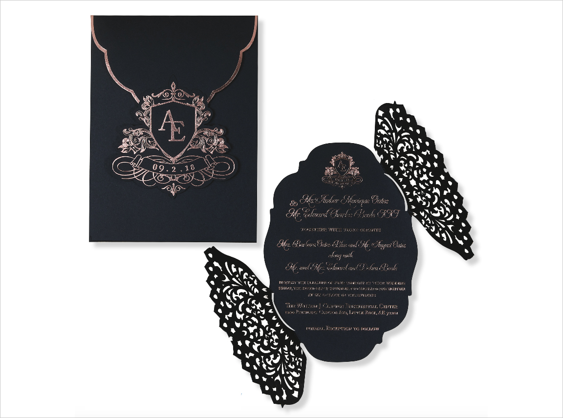 monogram wedding invitation black with rose gold foil laser cut the amber by oda creative